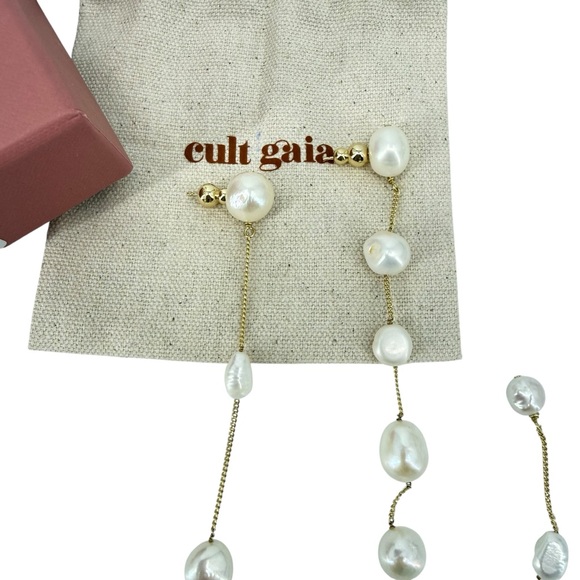 Cult Gaia Cleia Pearl Wrap Drop Earrings Gold Baroque Asymmetrical Long NWT - Picture 7 of 11